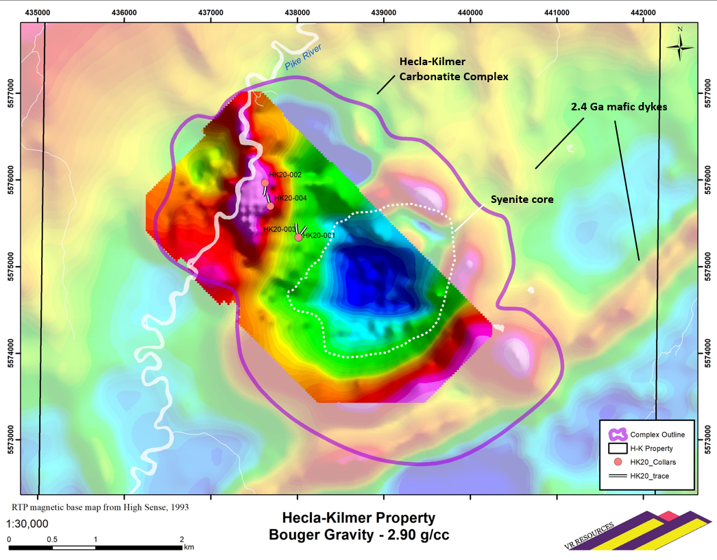 REE mineralization at Pike Zone in northwest part of H-K complex is associated with a 3.5 MGal gravity anomaly, derived from high resolution ground survey in 2021.