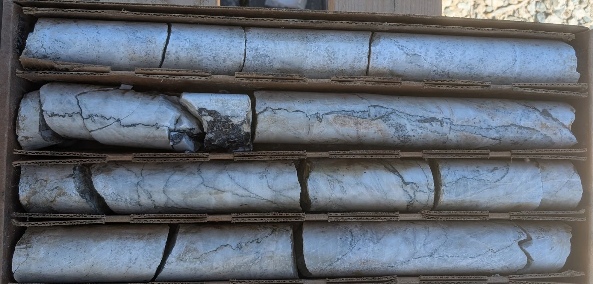 NB26-003; 674 m. Sinuous, ptygmatic sulfide veinlet stockworks and cm-scale quartz veins with sulfide margins in white, high crystallinity, high-calcium content marble with local hydrothermal dolomitization spots.