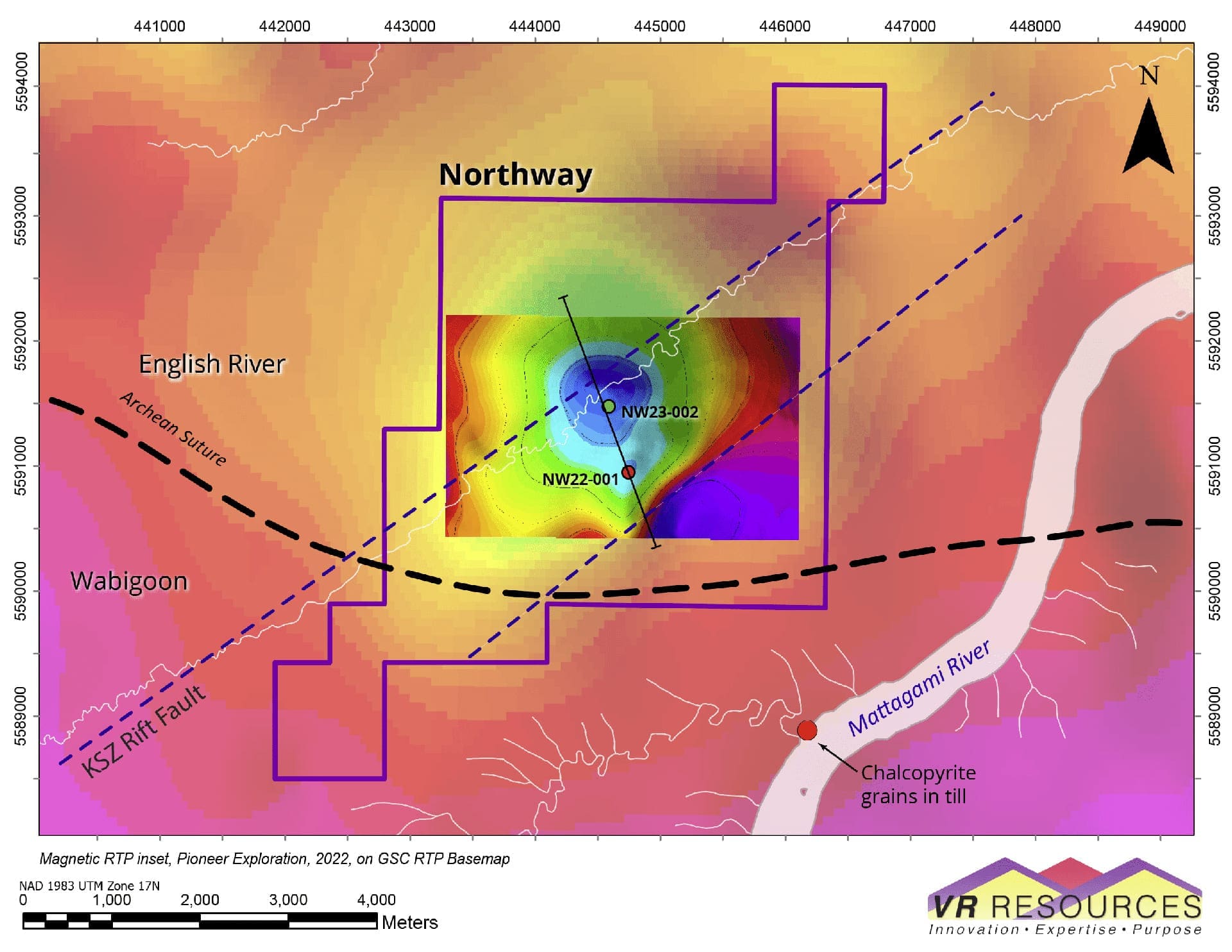 Drill holes on Magnetic Map for Northway Property