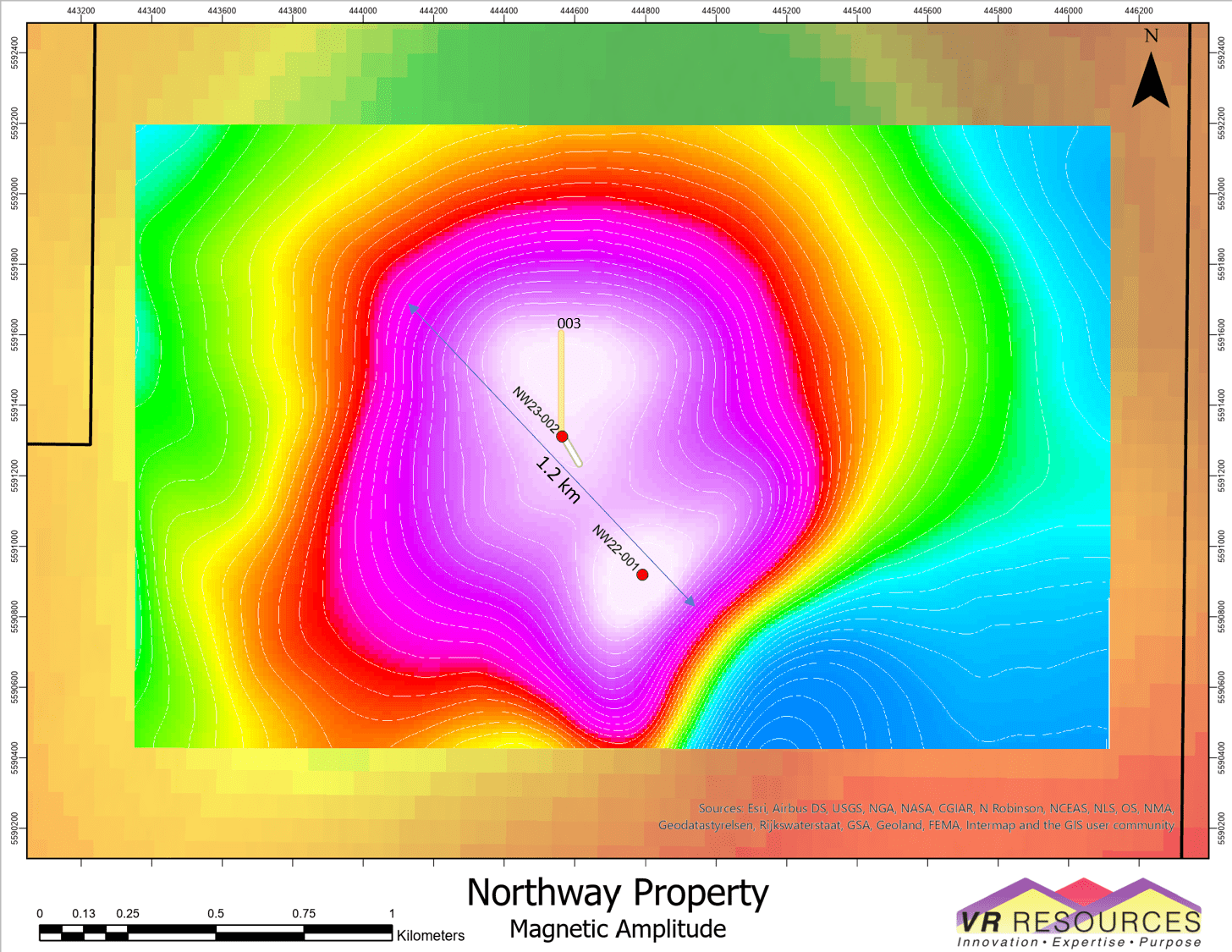 Drill holes on Magnetic Map for Northway Property