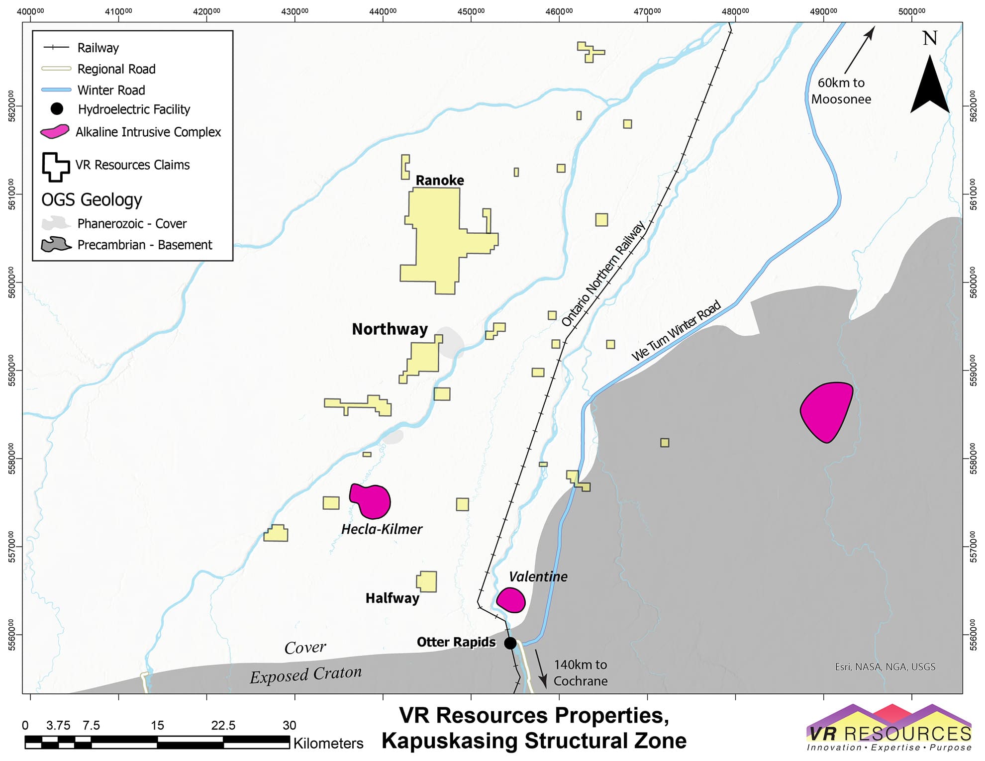 Property location on gravity basemap of Kapuskasing Shear Zone